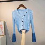 Znbbw V-neck Knitted Cardigan Women's Patched Full Sleeve Buttons Sweaters Cardigans Femme Thin Knitwear Crop Tops