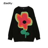 znbbw Winter Street Style Y2K Floral Embroidery Women Warm Sweater Oversize Long Sleeve Knit Ladies Pullover Female Clothing Tops