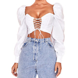Znbbw Out Bandage Women Blouse Sexy Long Puff Sleeve Square Collar Solid Tie Up Crop Top Holiday Elegant Exposed Navel Shirt