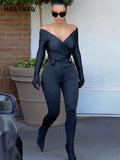 Znbbw Women Sexy Spring Autumn Long Sleeve V Neck Bodycon Black T Shirt Tops Bodysuit 2023 Fall Clothes Wholesale Items
