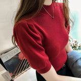 Znbbw Turtleneck Knitted T-shirts Tops Woman Slim Short Puff Sleeve Buttons Soft Solid Autumn T-shirt Tee Female