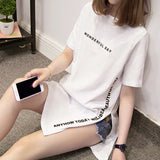 Znbbw DAY Print Long T shirts Summer Women Loose Slit Femme Tops Cotton Tshirt Short sleeve Ladies t-shirt