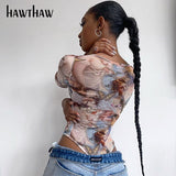Znbbw women autumn winter long sleeve fashion printed slim skinny one piece bodysuit romper clothes 2023 fall clothes O neck