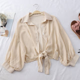 Znbbw Shirts Women 2023 Summer Half Sleeve Buttoned Up Shirt Loose Casual Blouse Tied Waist Elegant Blouses For Women