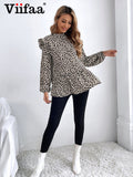 Znbbw Leopard Print Fashion Spring 2023 Blouses Women Long Sleeve Top Keyhole Back Casual Ladies Shirts Elegant