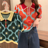 Znbbw Women Puff Short Sleeve Printed Flowers Sweaters Shirts Polo Collar Cropped Thin Sweater Pullover Crop Top For Female