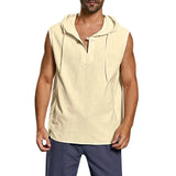 Znbbw New Baggy Hoodies Men's Cotton Linen Tank Top Solid Color Button Beach Sleeveless Hooded Vest Elastic Men Tank Top