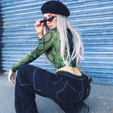 Znbbw Green Snake Print T Shirt Women Mesh Top Long Sleeve Transparent Snakeskin Female T-shirt High Neck Crop Tops