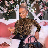 Znbbw Leopard Printed Bodycon Bodysuits 2024 Spring Women Long Sleeve Mock Neck Skinny Body Suit Shorts Jumpsuits