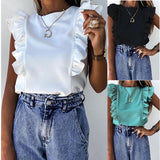 Znbbw Women Elegant Solid color Ruffle blouse shirt 2023 Summer O Neck Pleated Blusa Lady 3XL New Casual Button sleeveless tops blusa
