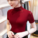 Znbbw Women Half Turtleneck Base Simple TShirts Slim Soft Short Sleeve T Shirts Lady Mesh Elegant Stretchy Tops Tees Female