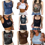 Znbbw Sparkly Rhinestone Butterfly Ribbed Tank Tops Women Summer 2024 Sexy Club Tops Harajuku Fairycore Grunge Cropped TShirts