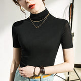 Znbbw Women Half Turtleneck Base Simple TShirts Slim Soft Short Sleeve T Shirts Lady Mesh Elegant Stretchy Tops Tees Female