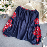 Znbbw Women's Retro Blouse National Style Embroidered Lace-Up Tassel V-Neck Lantern Sleeve Tops Loose All-Match Female Blusa GK536
