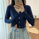 Znbbw Women V-Neck Knitted Casual Short Sweaters Cardigans Lady Full Sleeve Thin Cardigan Outwear Crop Top for Female