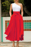 Znbbw Women's Solid Color High Waist A Line Skirt Fashion Slim Waist Bow Belt Pleated Long Maxi Skirts Red Orange Yellow