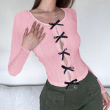 Ins Chao Brand Hollowed-Out Design Feeling Small Sexy Bow Stitching Long-Sleeved Slim T-Shirt 2024 Spring And Summer New Women