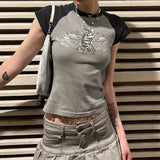 2025 Summer Hot Girls Hipster Street Retro Round Collar Shoulder Collision Wing Printed Short-Sleeved T-Shirt
