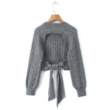 Znbbw New Street Style Open-Back Knitted Sweater In Autumn Is Tied With A Bow.