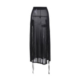 Znbbw Sexy Perspective Net Gauze Splicing Forked Skirt Dark Wind High Waist Design Sense Long Skirt Woman