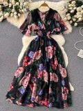 Znbbw V-Necked Print Chiffon Dress Shows Lean Lotus Leaf Edge Short-Sleeved Waist First Love Fairy Skirt