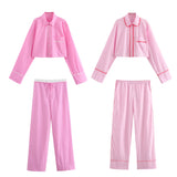 Znbbw New Rolled-Edged Poplin Shirt Rolling-Edged Pajamas Style Pants Set