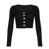Color Bow Fashion Girl's Long-Sleeved Blouse 2024 New Lace Collar Hot Girl Fashion Navel T-Shirt