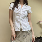 2025 New Summer Women's Wear Small Pleated Leisure Buckle Solid Color Simple Back Strapped Short-Sleeved Shirt