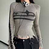 Make A 2025 New Spicy Girl's Casual T-Shirt With An Old Color, Tattered, Patchwork, Round Neck, Slim Woolen Blouse.