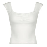 Gentle Style Small Lace Pleated Square Collar Short-Sleeved T-Shirt Ins Girls Fresh Wear Bare-Back Blouse 2024
