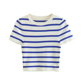 Znbbw New Bicolor Striped Slim Short Version Short-Sleeved Knitted Blouse