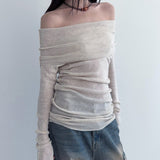 French-Style Shoulder Gentle Knitted Blouse Woman 2025 Early Autumn Solid Color Slim Showing Thin Shoulder Hot Girl Long-Sleeved T-Shirt