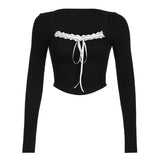 Pure Desire Atmosphere Tie-Up Small Sexy Square Collar Low-Cut Slim Pink Long-Sleeved T-Shirt 2024 Spring / Summer New Style