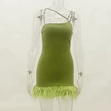 Znbbw Hairy Pendulum Slanted Shoulder Strap Hip Dress Sexy Slim Spicy Girl Bare Back Fashion Skirt