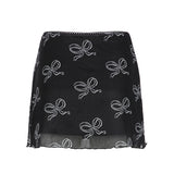Sexy Spice Girl Bowknot Printed Net Skirt Half-Body Skirt In Summer Color Low-Waisted To Show Lean Net Gauze All-Round Buttocks Skirt