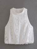 Znbbw Summer Style Hollowed-Out Embroidered Sleeveless Blouse Loose Waist Embroidered Flute Skirt Suit
