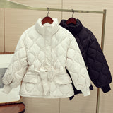 Chic Autumn And Winter French Gentle Standing Collar Wave Embossed Design With Waist Long Sleeve Padded Coat Female