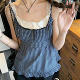 2024 Summer Women's Wear Ins Online Celebrity Street Hot Girls New Plaid Fake Two Lace Folded Vests