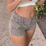2024 Summer Hot Girls Street Retro To Make Old Low-Waisted Asymmetrical Pocket Tooling Woven Casual Shorts