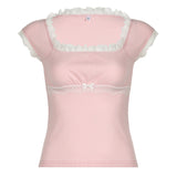 French Sweet Lace Lace Stitching Square Collar Slim, Striking Color Short-Sleeved T-Shirt, Girl's Knitted Blouse