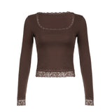 Hot Girl Style Sexy U-Collar Lace Bow Stitching Slim Long-Sleeved Pure Black T-Shirt New Style