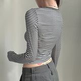 Design Sensitive Lace Hit Striped T-Shirt Spice Girl Slim Short Navel Blouse V-Neck Long-Sleeved Bottomed Shirt