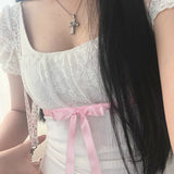 Sweet And Spicy Square Collar Lace Stitching Pink Bow Tie With Bubble Sleeves Slim T-Shirt 2024