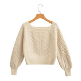 Znbbw New Square Collar Long-Sleeved Twist Textured Short Sweater In Autumn