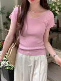 Pure Pink V-Collar Ice Silk Knitted Short-Sleeved T-Shirt Women's New Summer Design Thin Slim Bottomed Blouse