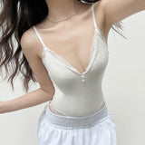 Sweet And Spicy Girl Lace Button Splicing Pure White V-Collar Sexy Tight Sling One-Piece Suit Trend