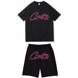 Znbbw Devil Island Rose Red Letter Printed Short-Sleeved T-Shirt Casual Shorts Set For Men And Women