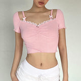 Sweet And Spicy Girls Hit Color Lace Square Necktie Bow Knot Stitching Girl's Pleated Knitted Short-Sleeved Blouse