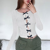 Ins Chao Brand Hollowed-Out Design Feeling Small Sexy Bow Stitching Long-Sleeved Slim T-Shirt 2024 Spring And Summer New Women