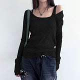 Pure Color Simple Pit Strip Slimming Retro Fashion Single Bare Shoulder Long Sleeved Two-Piece Blouse 2024 Spring / Summer New T-Shirt